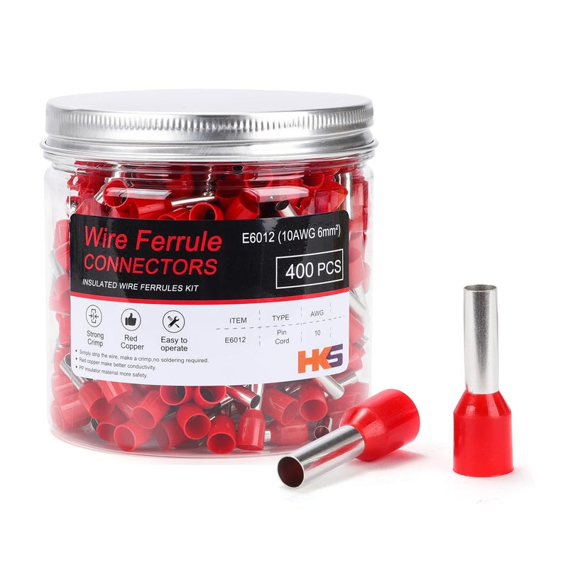 HK-S 400PCS Wire Ferrule Connectors - AWG 10-6.0mm² Copper Barrel Pin Cord Ends Insulated Ferrules Terminals - E6012 Red - Image 1